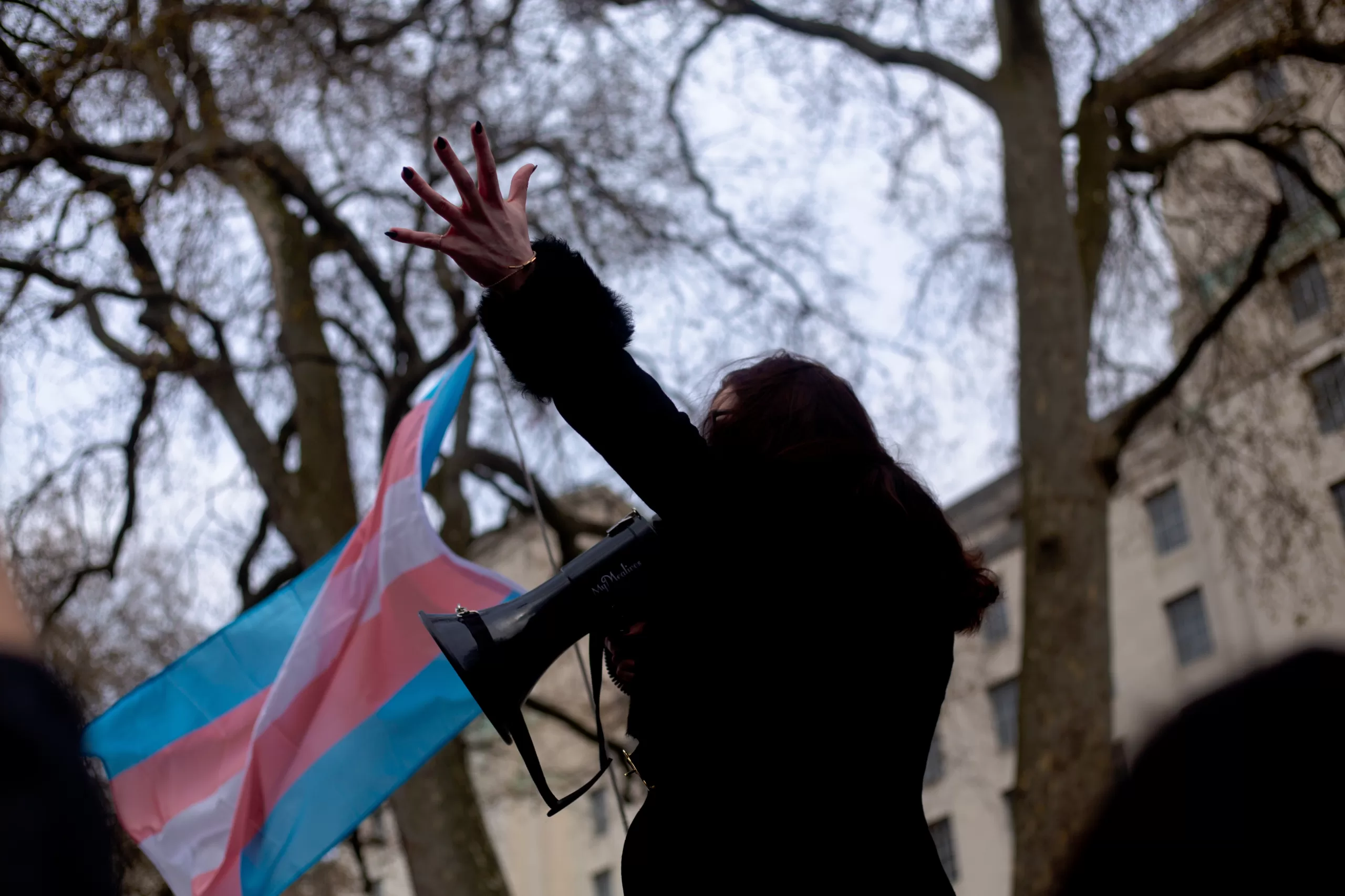 A photo of a person holding a trans flag and a megaphone