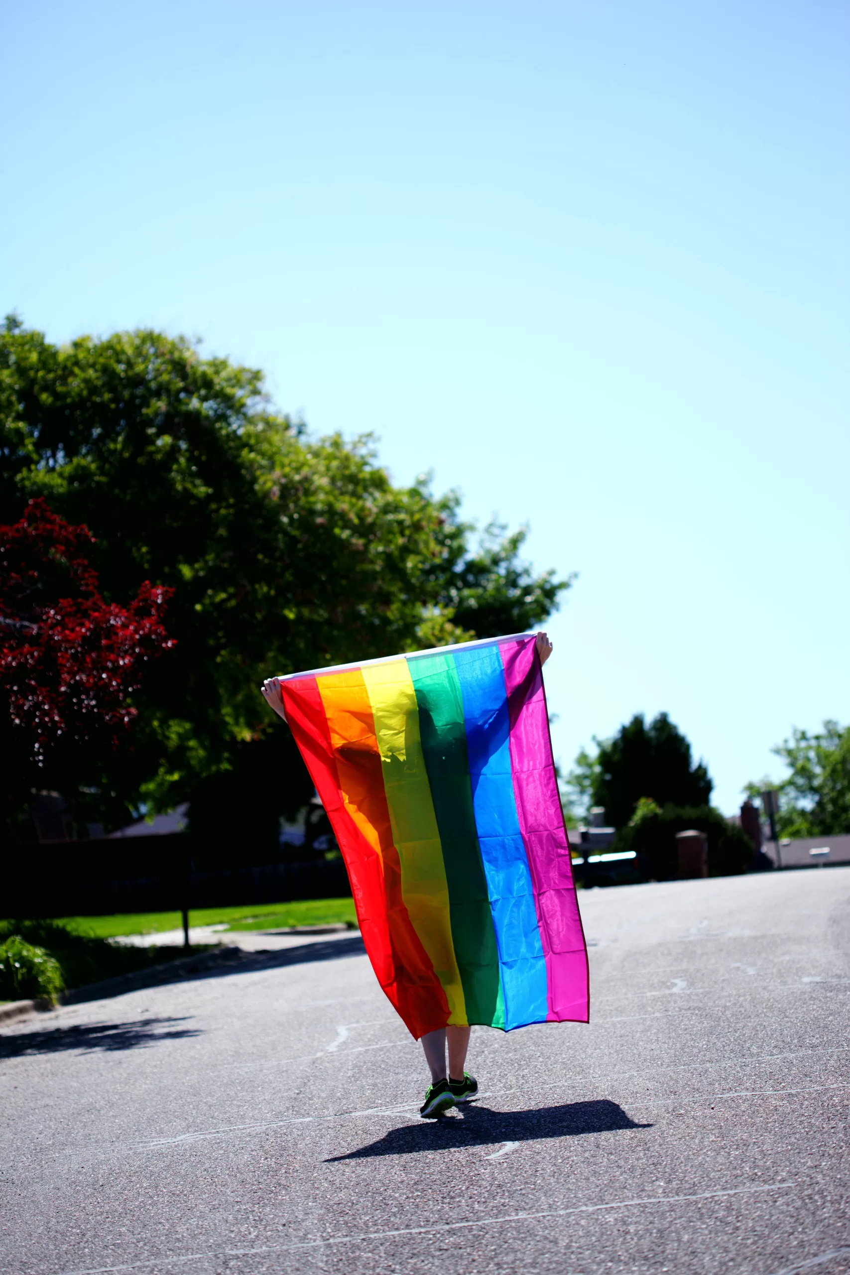 A photograph of a person holding up a rainbow pride flag